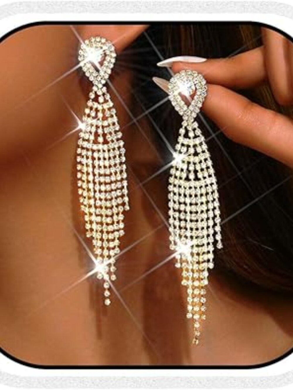 Long Tassel Sparkling Earrings Gold Diamond Dangle Wedding Party Chunky